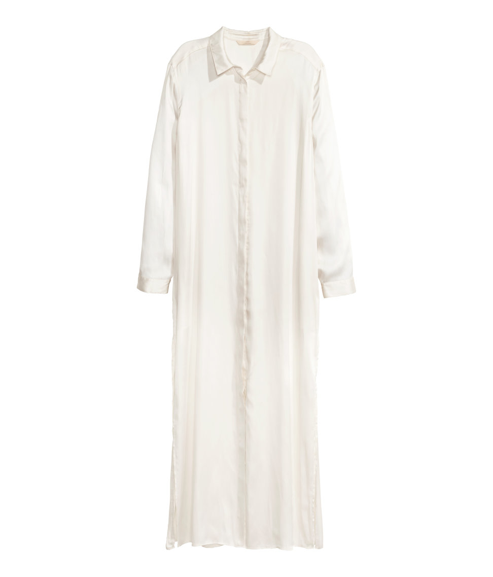 white satin shirt dress